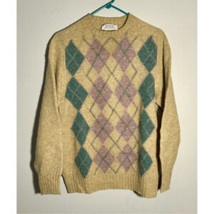 Vintage Trident 100% Shetland Wool Tan Teal Purple Argyle Scotland Sz XL